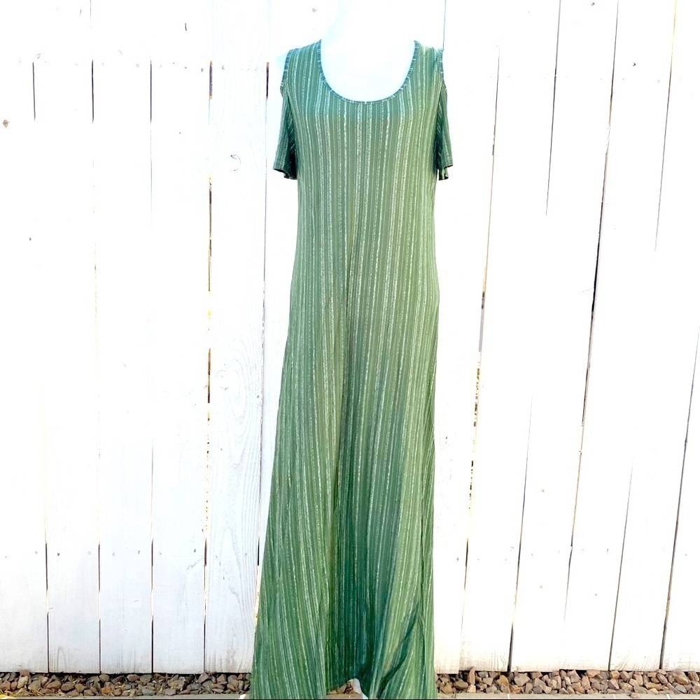 Exist Maxi Dress Large Olive Green Cold Shoulder Striped Knit LMD8359